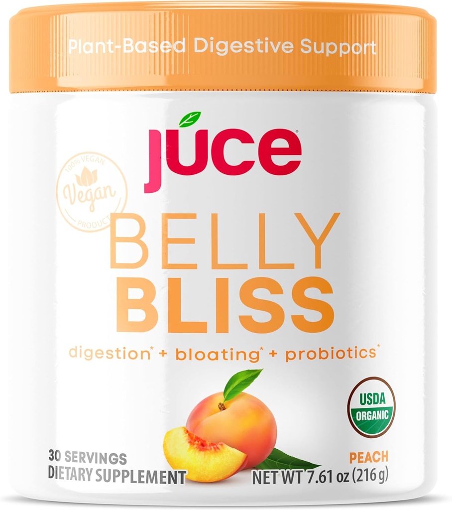 Júce Belly Bliss, Peachy Greens, 30 Portionen, Probiotics + Greens, Bloating Support mit pflanzlichen Verdauungsenzymen, Nahrungsergänzungspulver - Von Terra Organic Kais