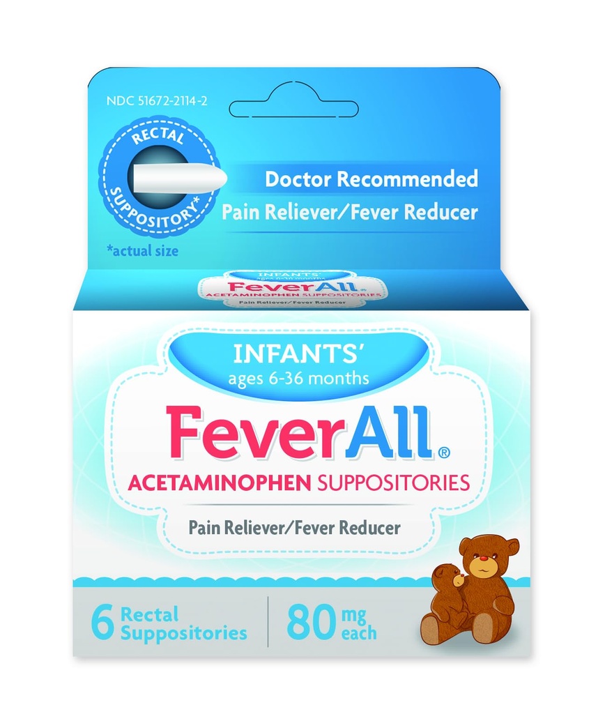 Feverall Infant Acetaminophen Suppositories 6 Rectal Suppositories 80mg Jeder Schmerz Reliever/Fever Reducer. Paraben Free, Keine künstlichen Farben oder andere Konservierungsstoffe. Alter 6-36 Monate