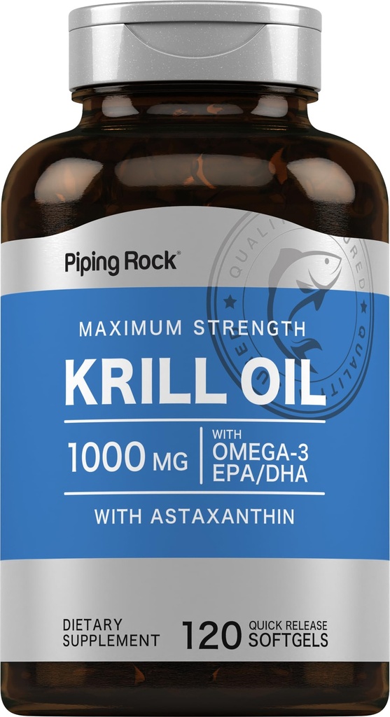 Piping Rock Krill Öl Omega 3 Softgel Kapseln | 1000mg | 120 Count | EPA DHA Ergänzung mit Astaxanthin | Maximum Stärke | Non-GMO, Glutenfrei