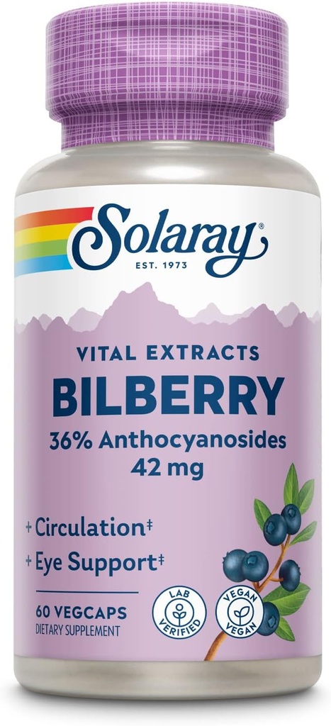 SOLARAY Bilberry Berry Extract 42 mg, Augengesundheit und Zirkulation Unterstützung, mit 36% Anthocyanosides, Vegan, 60 VegCaps