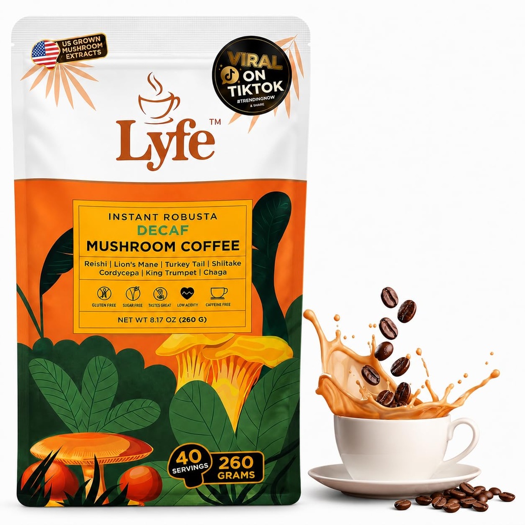 LYFE Organic Instant Decaf Mushroom Coffee – Lion’s Mane, Chaga, Cordyceps, Turkey Tail | USA Grown Adaptogenic Pilze für bessere Energie, Fokus, Gut Health, Immunität – 40 Servietten