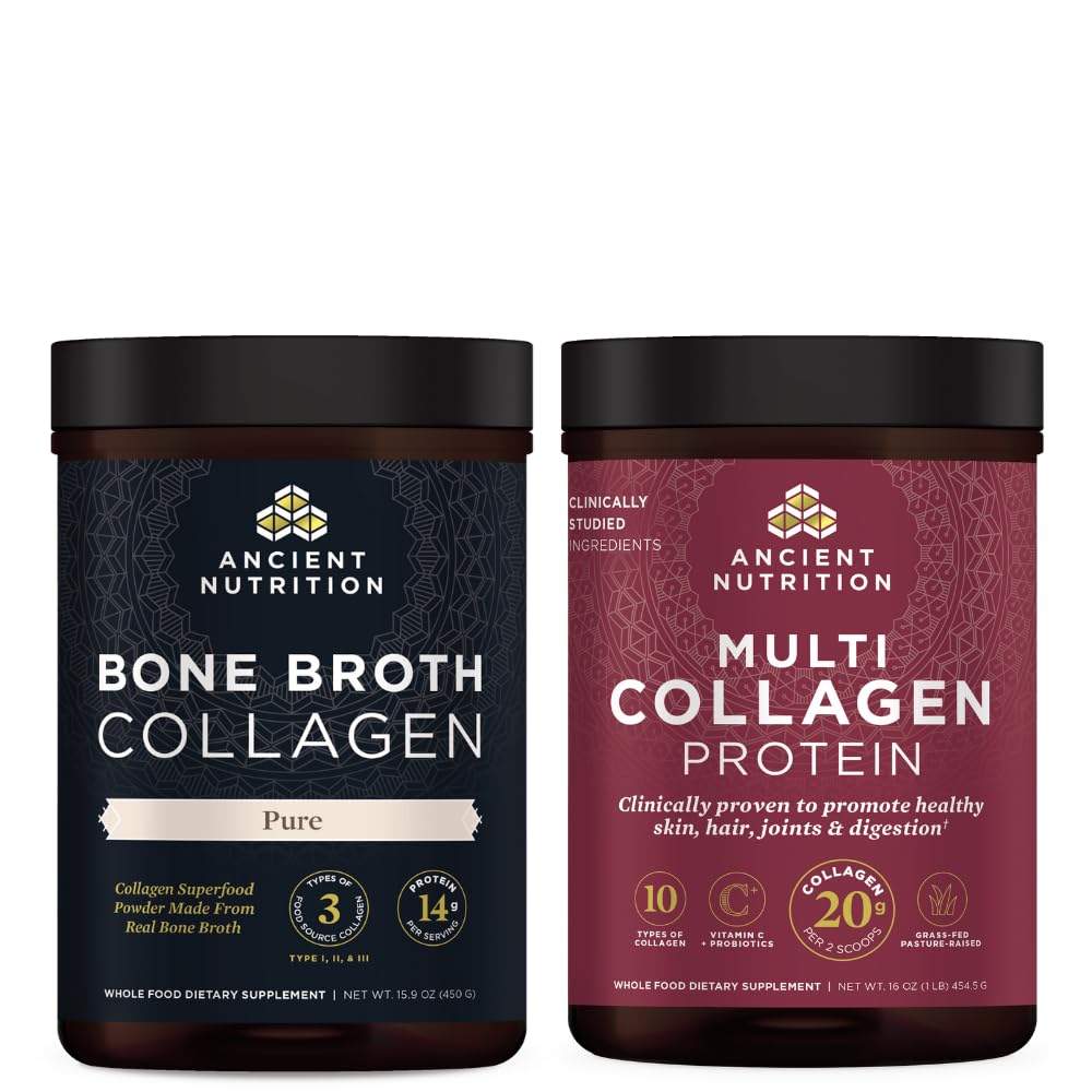 Ancient Nutrition Bone Broth Collagen Powder, Pure, 30 Servings + Multi Collagen Protein Powder, Unflavored, 45 Servings