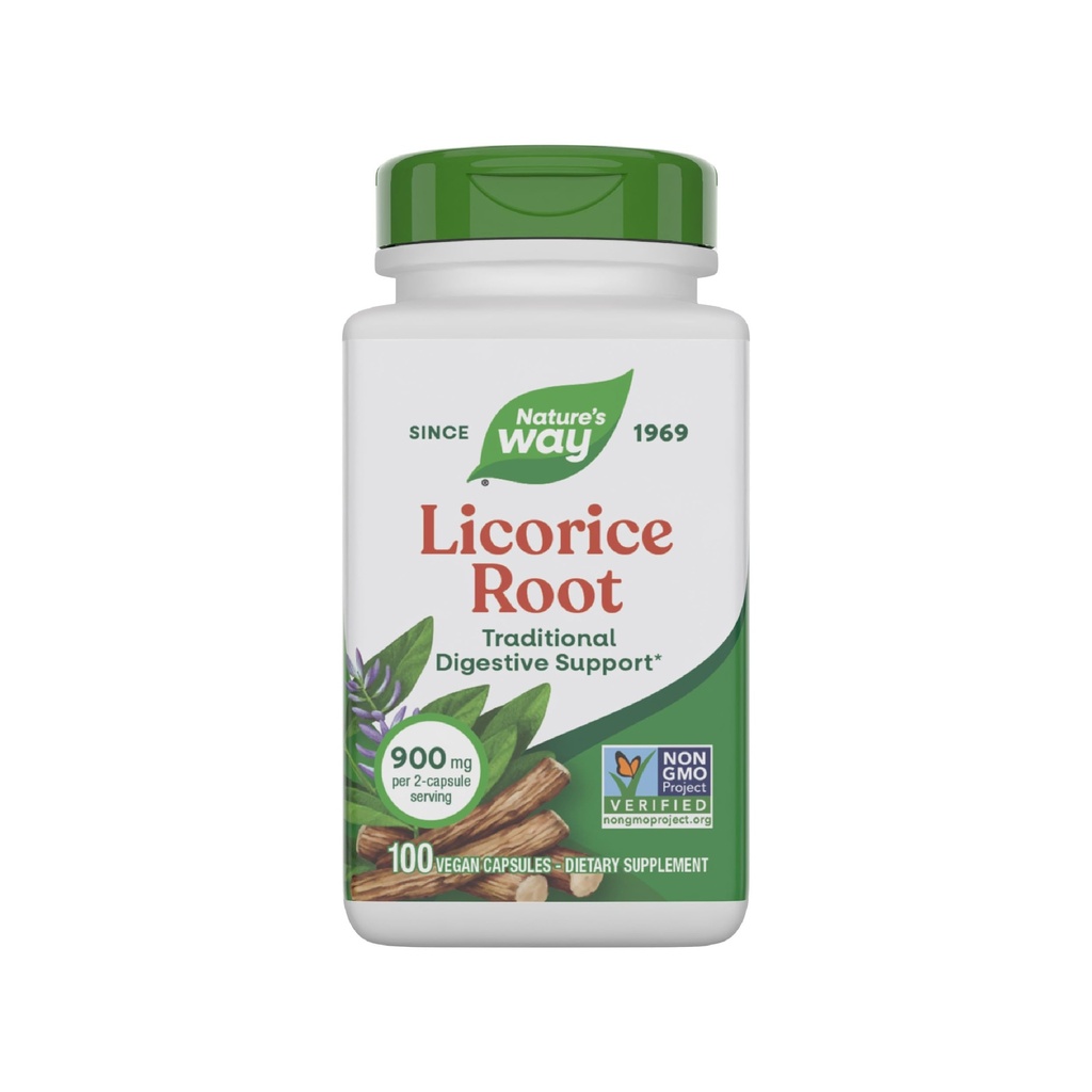 Nature's Way Licorice Root, Traditional Digestive Support Supplement*, 900 mg pro 2-Capsule Serving, Non-GMO Project Verified, 100 Vegan Capsules (Packaging May Vary)