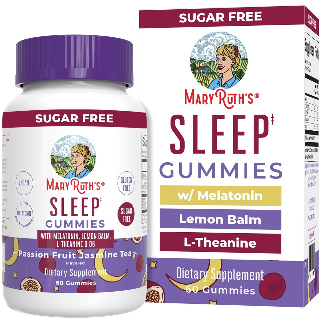 MARYRUTH'S Melatonin 5mg Schlafgummi mit L-Theanin | Zitronenbalsam | Vitamin B6 | Zuckerfrei | Entspannung | Vegan | Nicht-GVO | Glutenfrei | 60 Count