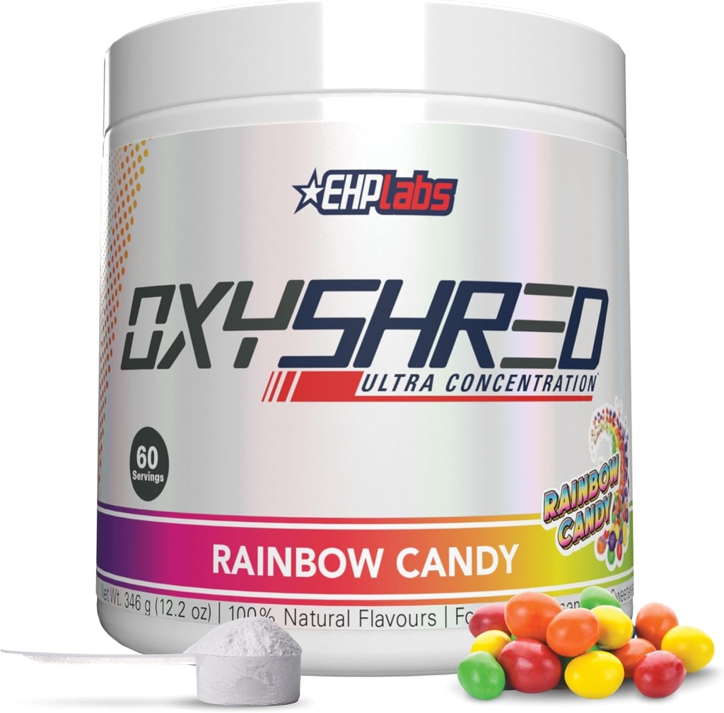 EHP Labs OxyShred Pre Workout Powder - Preworkout Powder mit L Glutamin & Acetyl L Carnitin, Energy Boost Drink - Rainbow Candy, 60 Portionen