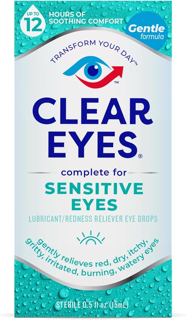 Klare Augen Sensitive Augentropfen – Sanftes Relief für Rot, Juckreiz, trockene Augen, 12 Stunden beruhigender Komfort, 0,5 Fl Oz