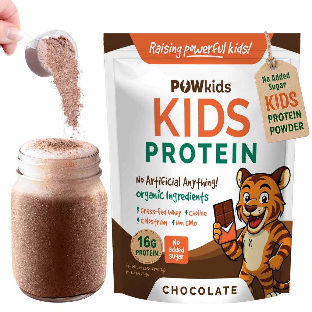 Kids Protein Shake Powder 16g – Zero Sugar, Organic Ingredients, Grass-Fed Whey Proteins – Calcium & Choline für Knochenstärke & Gehirnentwicklung, Protein Shake, 15-45 Servierungen – Schokolade