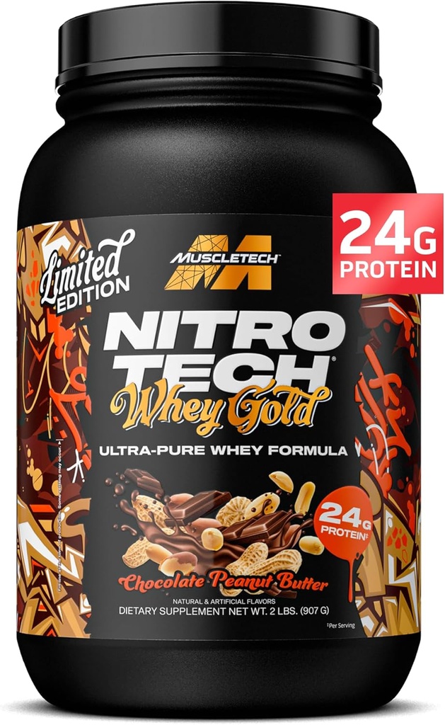 MuscleTech Whey Protein Powder (Chocolate Peanut Butter, 2LB) - Nitro-Tech Whey Protein Isolate Smoothie Mix für Lean Muscle & Fast Recovery - 24g Whey Gold Protein für Damen und Herren - Glutenfrei