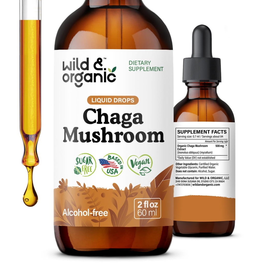 Wild & Organic Chaga Mushroom Tincture - Immune, Digestive & Energy - 2 oz | Fast Absorbing Chaga Mushroom Drops - Add to Tea Liquid Extract - Mushroom Supplement - Vegan, No Sugar & Alcohol-Free