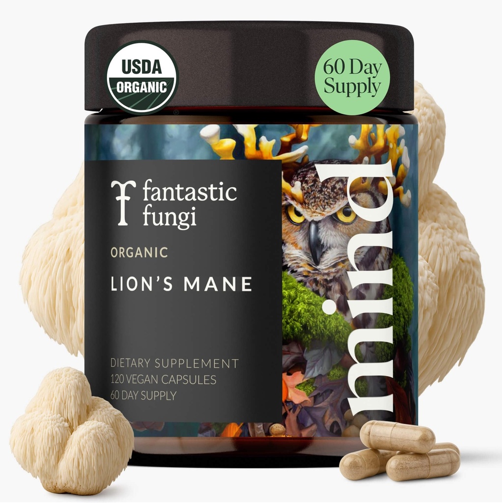 Lions Mane Supplement Kapseln, Lion's Mane Mushroom Supplement für Memory, Focus & Mood Unterstützung, Adaptogen Functional Mushrooms Extract - 100% USDA Organic, Vegan-Glas Jar, 120 Caps, 2 Monate Versorgung