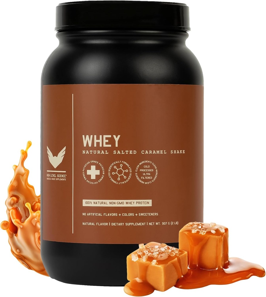 High Level Whey Protein Powder, Natural Salted Caramel Shake, 24g Protein, 2 lb, Ultra-Filtered, Non-GMO, Stevia Sweetened, Verdauungsenzyme, Glutenfrei, Keine künstlichen Additive, Made in USA