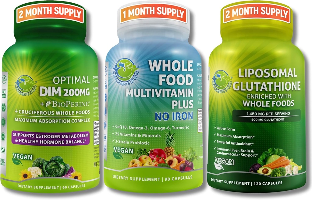 Vegan Hormon Balance, Immununterstützung & Antioxidans Unterstützung für Männer & Frauen – Ganzes Essen Multivitamin ohne Eisen + Liposomale Glutathione 500mg + Optimale DIM 200mg – Non-GMO, Clean Wellness Support