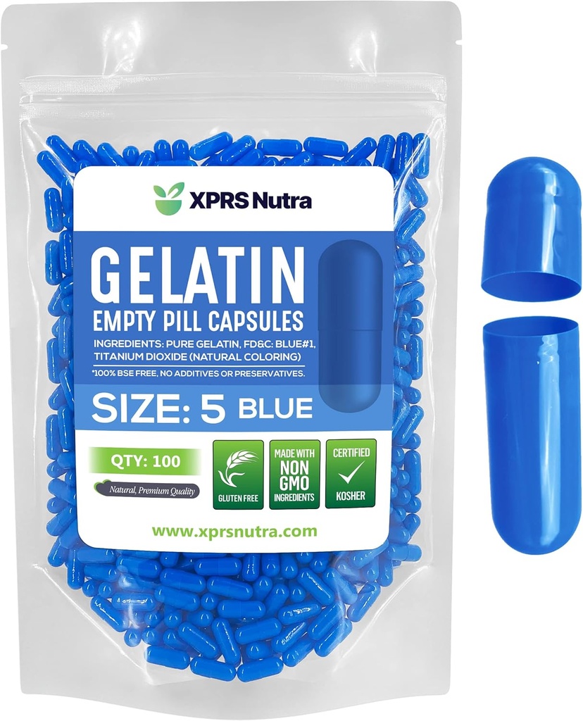 XPRS Nutra Größe 5 Leere Kapseln - 100 Graf Sehr kleine leere Gelatine Kapseln - Pillen DIY Kapsel Füllung - Fillable Pillen Gel Kapseln für Do-It-Yourself Vitamin Supplements (blau)