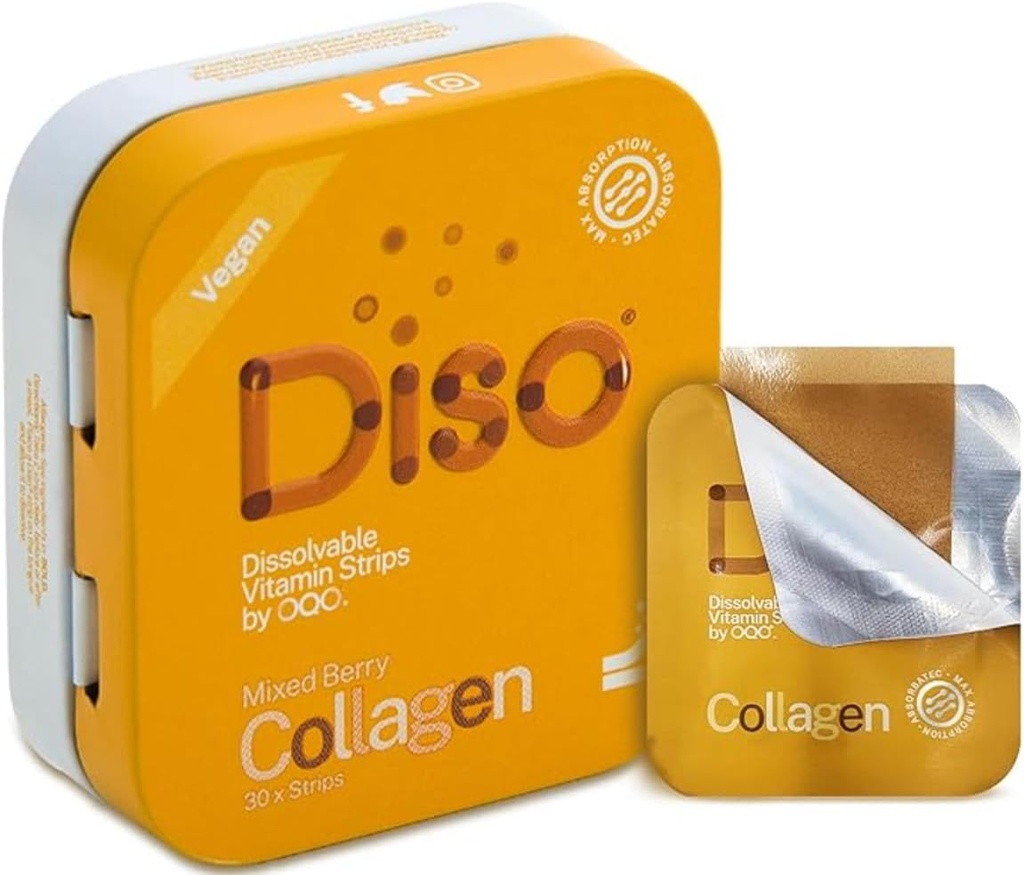 DISO - Collagen Boost - Fast-Dissolving Oral Strips, Mixed Berry Flavor, Vegan, Sugar Free, Maximale Absorption zur Herstellung von Kollagen, Glutenfrei, Individuell Wrapped, 30 Dissolable Strips