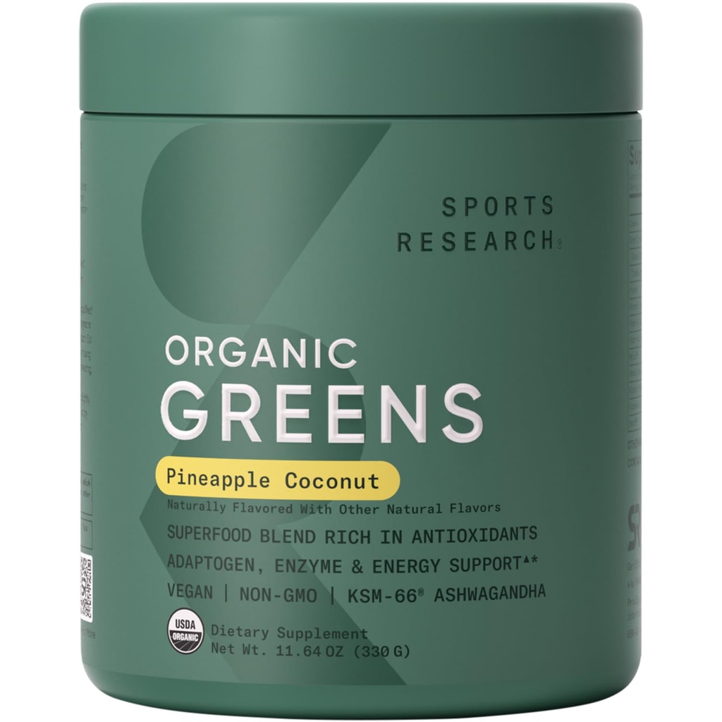 Sportforschung® Bio Greens Superfood Powder w/Spirulina, Chlorella, Adaptogene, Enzyme, Probiotics & 8 VIT Bs für Gut & Mood Support* - Vegan, Sugar-Free & Low-Cal Pineapple Coconut 30 Servietten