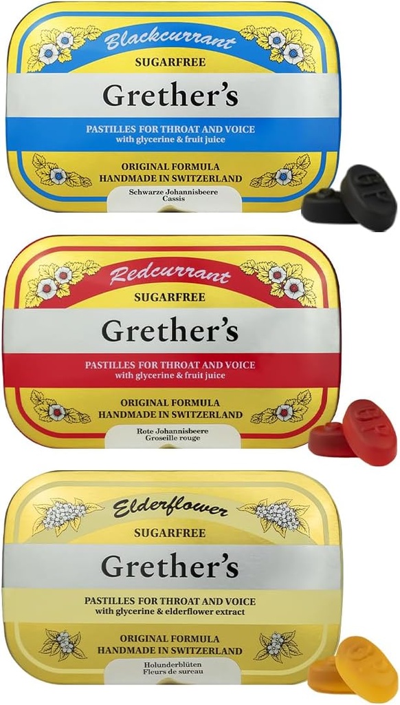 GRETHER'S Sugarfree Pastilles Blackcurrant, Elderflower & Redcurrant - Geschenk für Singer - Natürliche Remedy für trockenen Mund Relief - 2.1 oz (Pack mit 3)