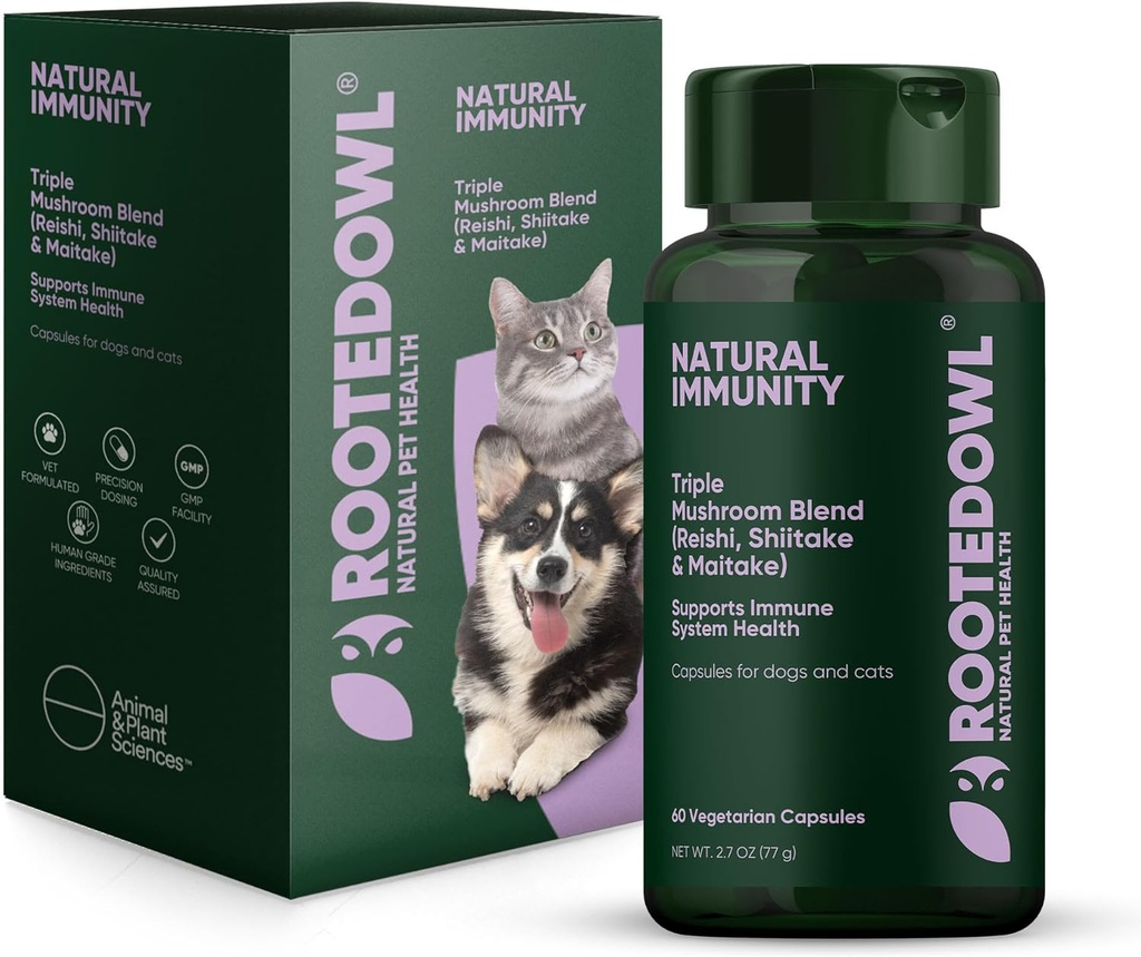 Rooted Owl Natürliche Immunität - Katze und Hund Immununterstützung - Triple Mushroom Supplement für Hunde & Katzen mit Reishi, Shiitake und Maitake Pilze - 60/ct Vegan Kapseln