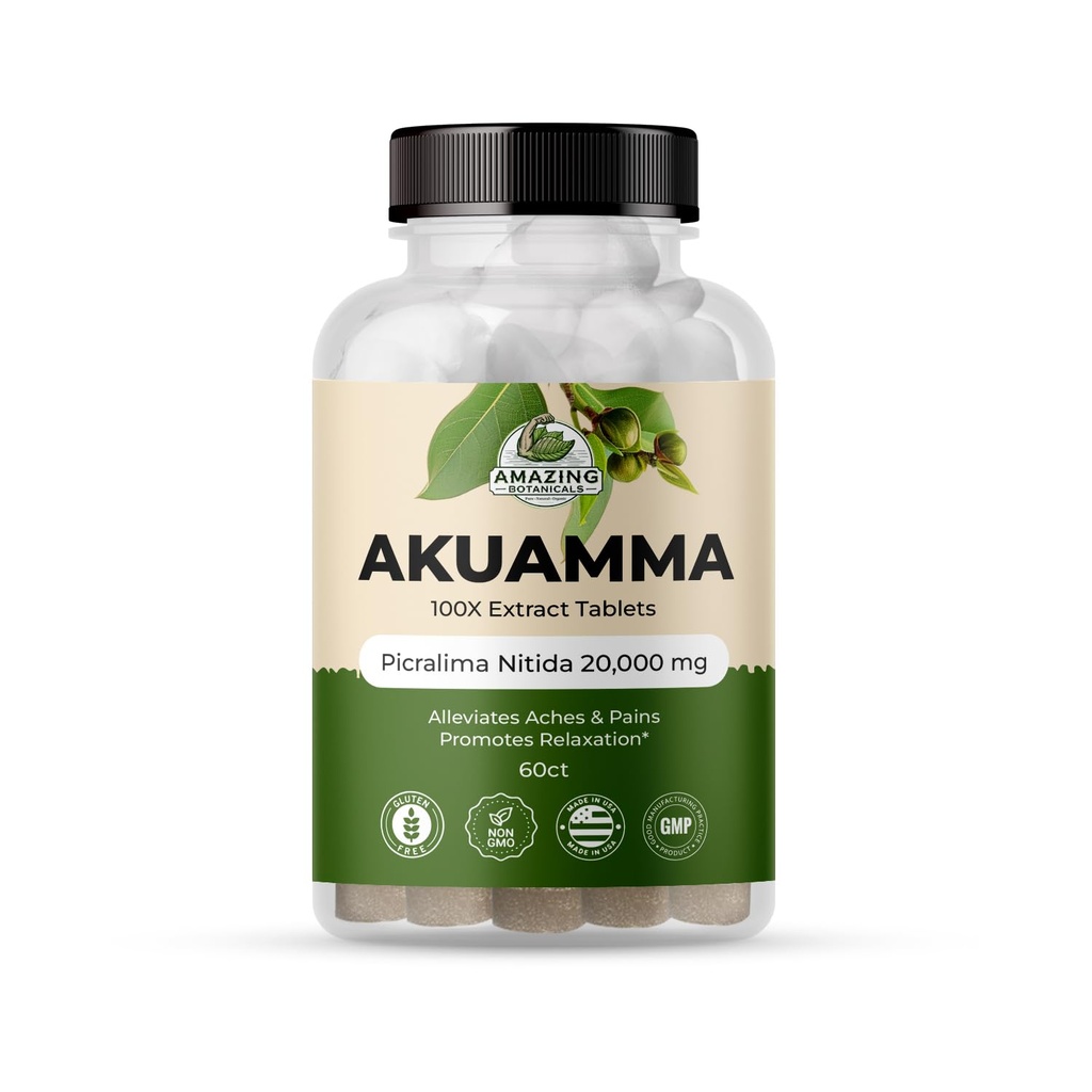 Erstaunliche Botanicals Akuamma Extrakt Tabletten – 200 mg 100X Extrakt 20.000mg | Fokus und Klarheit – Boosts Mood, lindert Stress, fördert Beruhigung (60 Count)