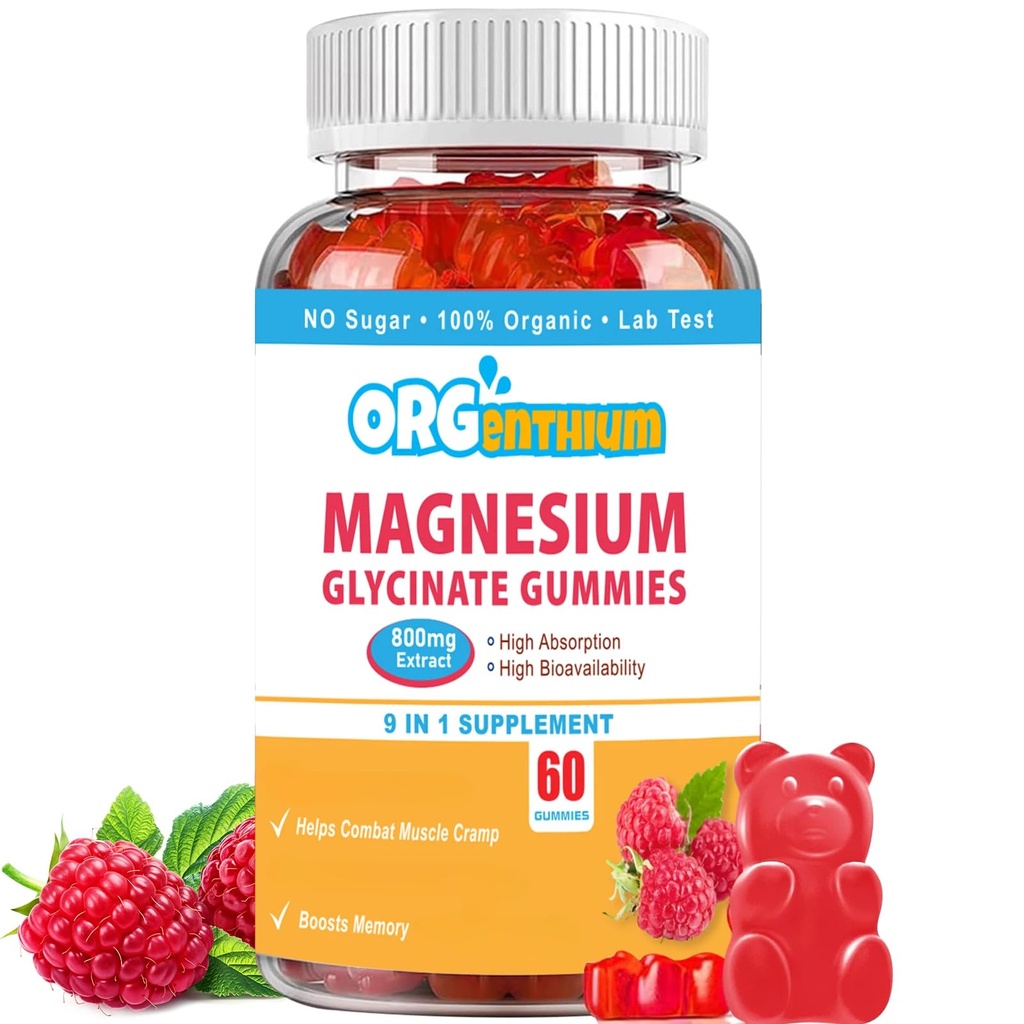 Magnesium Glycinate Gummie 500mg mit L-Threonat, Vitamin D, B6, Kalium & CoQ10 | Zuckerfreie komplexe Formel für verbesserte Schlafqualität | Raspberry Flavor | 60 Count