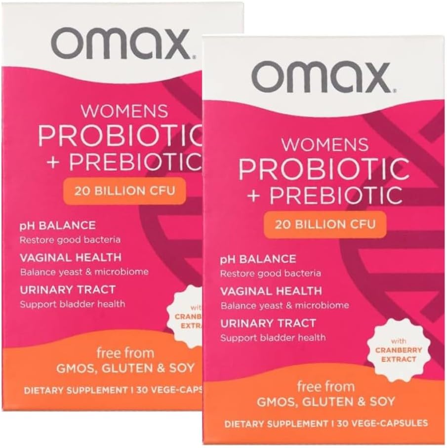 2 Pack Omax Prebiotics & Probiotics Complex für Frauen, pH Balance, Vaginale Gesundheit, Urinary Tract, Hefe, UTI/BV Prävention, Bloating pH 20 Billion CFU | Vegan, Organic, Gluten Free, 60 Vege-Capsules