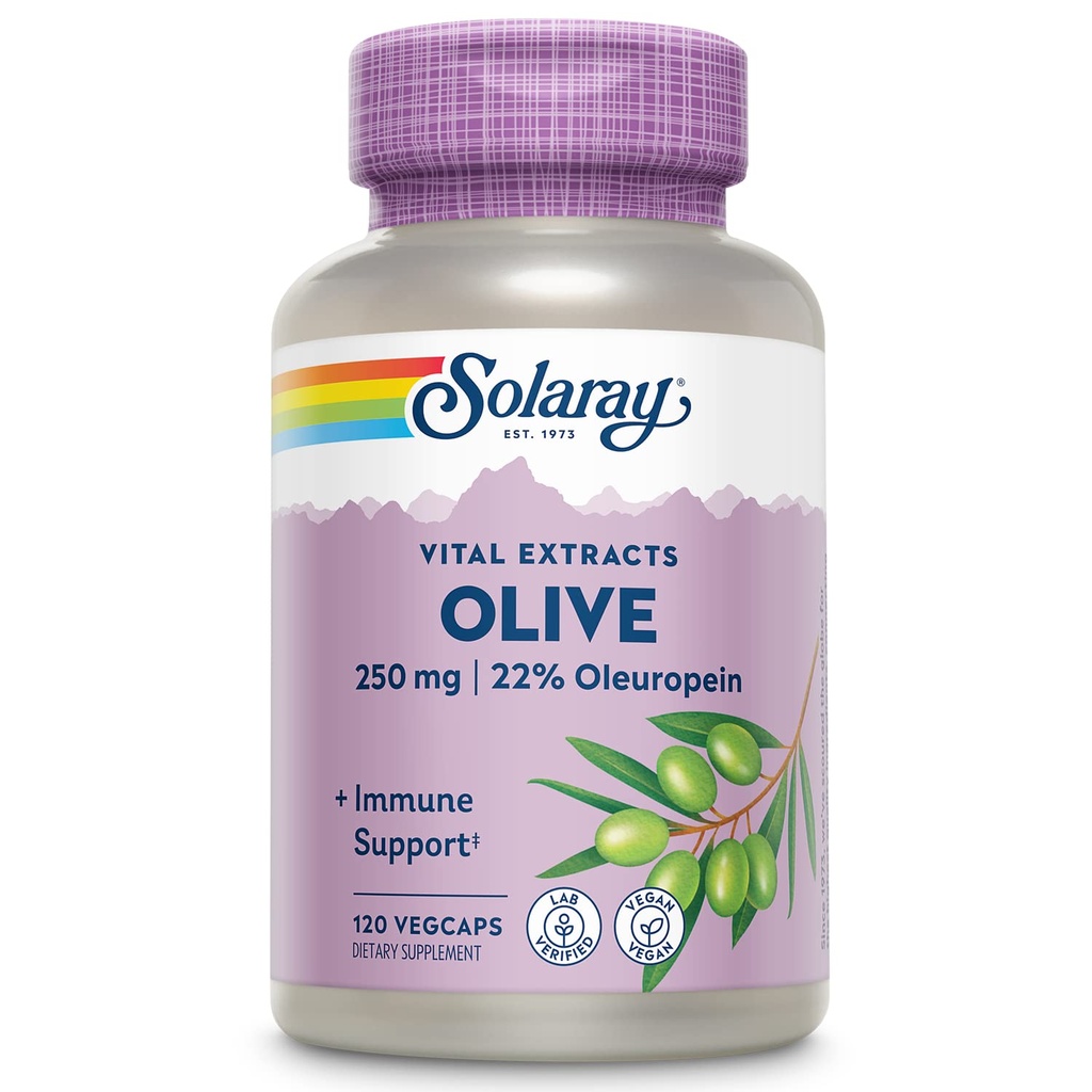 SOLARAY Olive 250mg - Olive Blatt Extrakt Kapseln mit 22% Oleuropein, Plus Zitronenbalsam - Polyphenole Ergänzung für Wellness-Unterstützung - Vegan, 60-Tage Garantie, Lab Verified - 120 Servietten, 120 VegCaps
