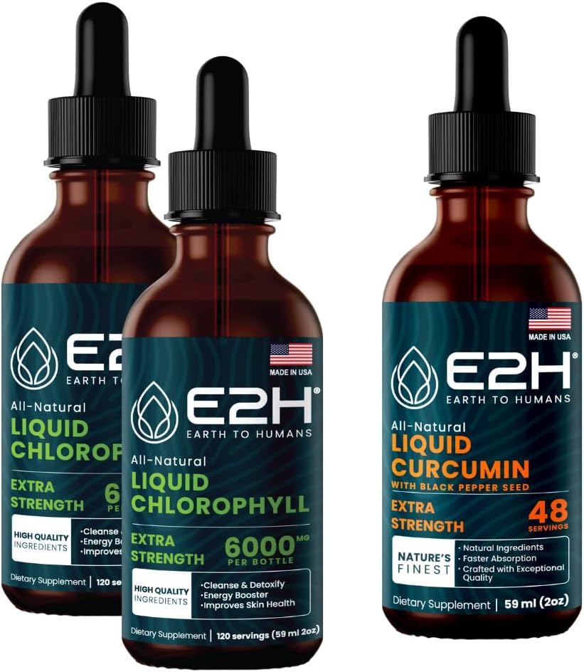 E2H: Chlorophyll Liquid Drops (2 Pack - 4 Fl Oz) und flüssige Kurkuma (Single Bottle - 2 Fl Oz) | Vegan, Non-GMO - (6 Fl Oz Total) - Bundle