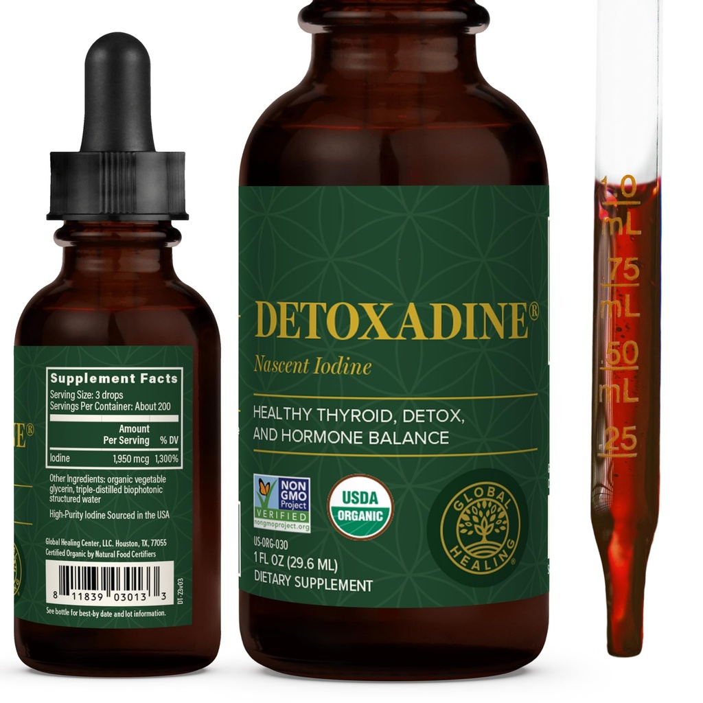 Global Healing Center - Detoxadine - Organic Nascent Liquid Iodine Ergänzung Tropfen für Schilddrüsenunterstützung, Detox Cleanse und Stoffwechsel - Non-GMO, Vegan, 200 Portionen Iodine Tropfen (1 Oz)