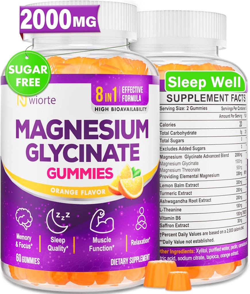 Magnesium Glycinate Gummies Ergänzung für Erwachsene Frauen, Magnesium Gummies mit L-Threonate, Ashwagandha, Vitamin B6- Schlaf, Entspannung, ruhig, Energie, Vegan, Zuckerfrei, 60 Zähler