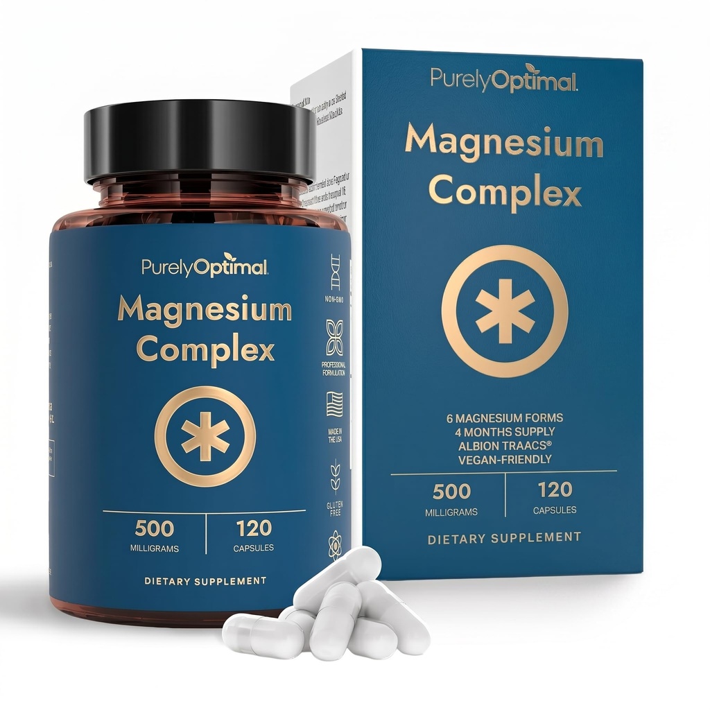 Rein optimaler Magnesium-Komplex - 6 Formen Magnesium-Glycinat, Citrat & Malate - Schlafunterstützung, Stress-Relief, Muskeln, Herz-Gesundheit & Entspannung - Magnesium-Ergänzung für Frauen & Männer, 120 Caps