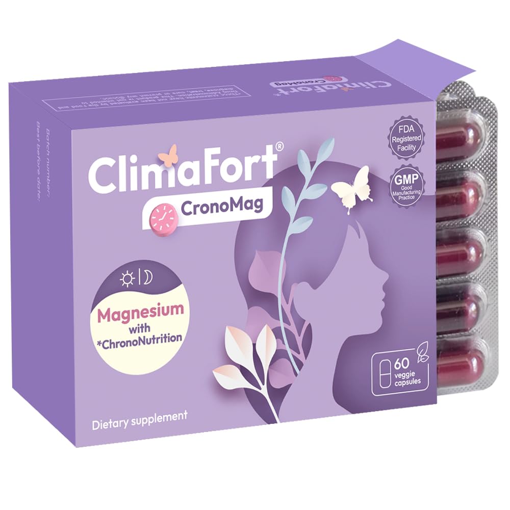 ClimaFort CronoMag | Magnesium für Frauen in Menopause | 5 Salze Bisglycinat + Glycerophosphat | B12 | Energieergänzung | 1 Monat Versorgung