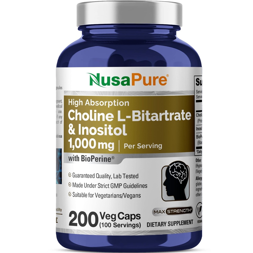 NusaPure Choline & Inositol 1000mg - 200 Veggie Caps (100% Vegetarisch, Non-GMO) Bioperine