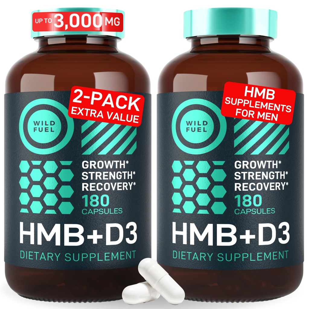 HMB und Vitamin D3 Ergänzung Kapseln - B-Hydroxy B-Methylbutyrat 1.000-3.000 MG HMB Ergänzungen mit Vitamin D3 - Muskelwachstum, Stärke, Leistung, Pre-Workout, Muskelrückgewinnung - 360 Caps