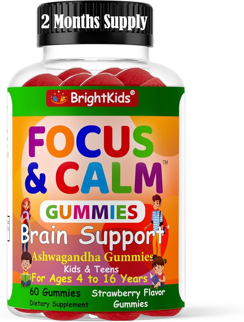 BrightKids Focus & Calm Gummies für Kinder mit Ashwagandha – Unterstützt Aufmerksamkeit, Konzentration, Entspannung, Stimmung & Energie – Natürliche Stress-Ergänzung, Tasty Berry Flavor, Vegan, 60 Tage Versorgung