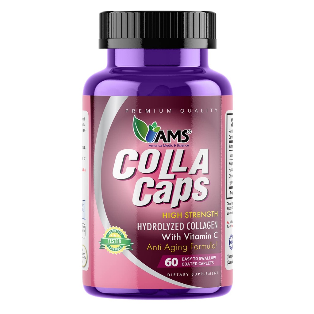 Amerika Medic & Science Colla Caps (60 Caplets) | Kollagen und Hyaluronsäure Ergänzung mit Vitamin C | für Männer und Frauen | Reparaturen und Restaurationen Hautelastizität | fördert gesundes Haarwachstum