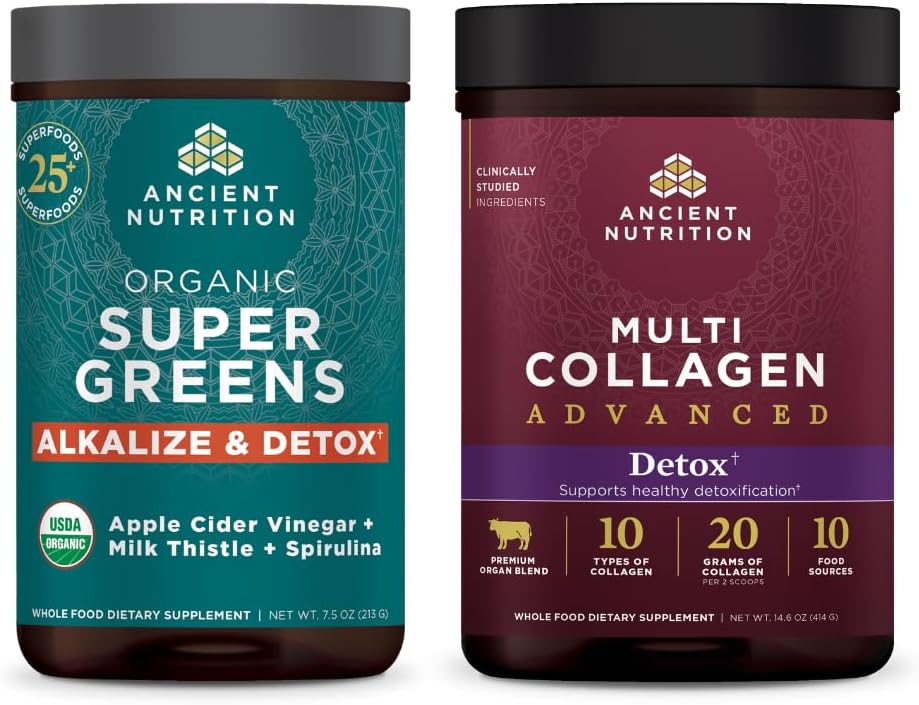 Antike Ernährung Multi Collagen Advanced Powder Cleanse & Detox, Unflavored, 36 Servierungen + Bio SuperGreens Detox & Alkalize Pulver, 25 Servierungen