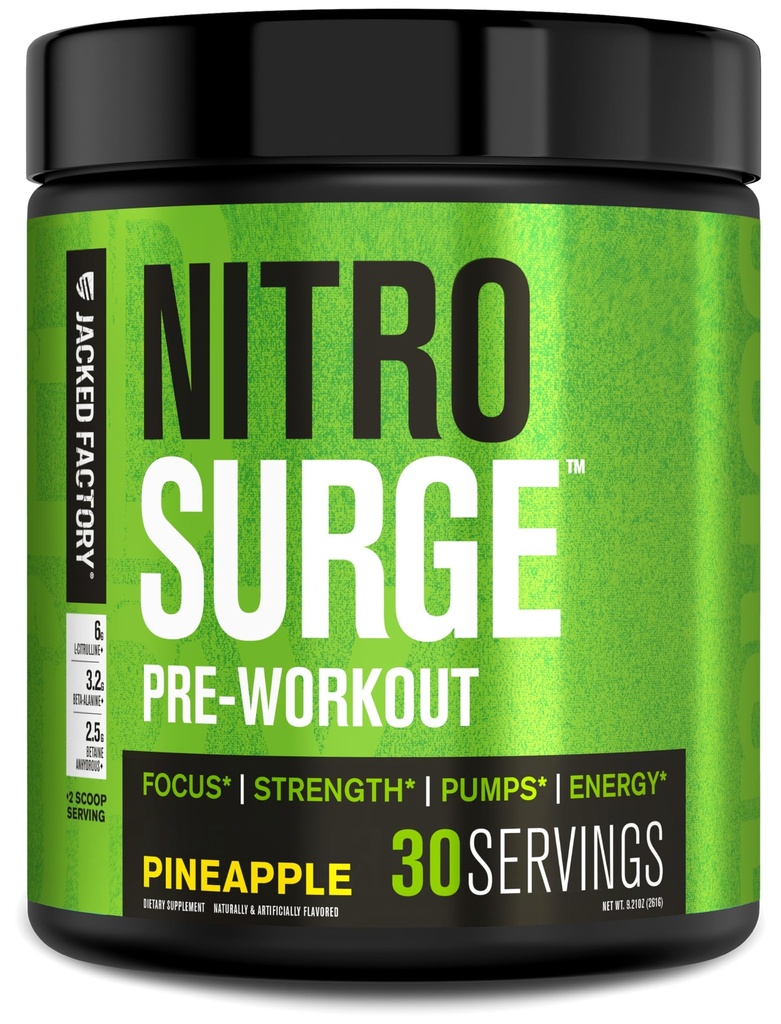 Jacked Factory NITROSURGE Pre Workout Supplement - Endless Energy, Instant Strength Gains, Clear Focus, Intensivpumpen - NO Booster & Powerful Preworkout Energy Powder - 30 Servietten, Ananas