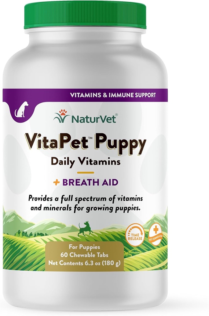 NaturVet VitaPet Puppy Daily Vitamins Plus Atemhilfe für Welpen, 60 ct Time Release, Kautabletten, Made in USA mit Global Source Zutaten
