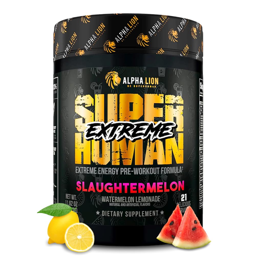 ALPHA LION Superhuman Extreme High Stim Pre Workout Powder, Beta Alanine, L-Taurine & 356mg Tri-Source Koffein für nachhaltige Energie, Nitric Oxide & Citrulline für Pumpe (21 Servings, Slaughtermelon)