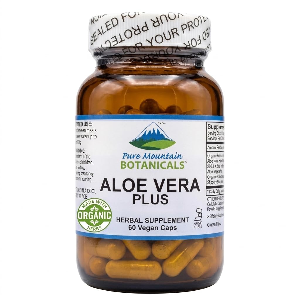 Pure Mountain Botanicals Aloe Vera Plus Kapseln. 200:1 Extrakt. Kosher Organic Dried Aloe Vera Gel, Marshmallow Root, Slippery Elm
