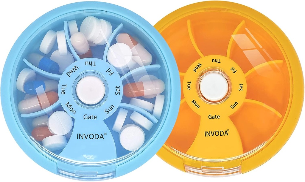 INVODA Wöchentliche Pille Organizer 7 Kompartment rotierende Pille Box für tägliche Medikamente & Vitamine - Tragbare Reise Pille Fall Fischöl Nahrungsergänzungsmittel Vitamine Organizer (Blue+Orange)