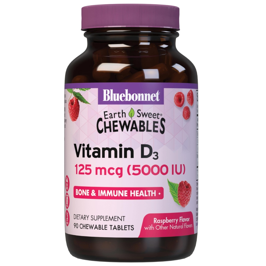 Bluebonnet Nutrition Earth Sweet Vitamin D3 5000 IU Kautabletten, Hilfsmittel im Muskel- und Skelettwachstum, Non GMO, Gluten & Soy & Milk Free, Kosher, Raspberry, White, 90 Count