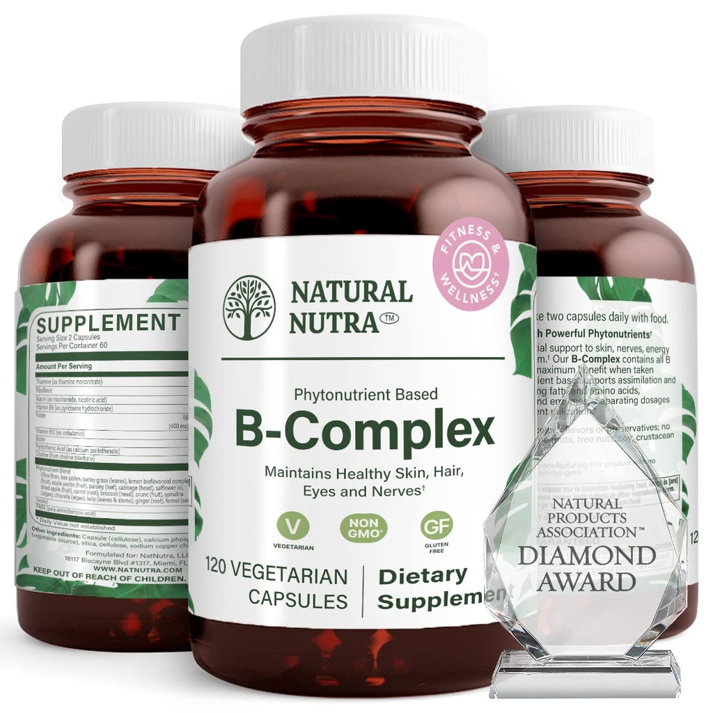 Natürliche Nutra Vitamin B Komplex mit Niacin, Folat, Thiamin, Biotin, unterstützt Nervous System Gesundheit, fördert Stoffwechsel, Haut, Augen und Haargesundheit, Ganze Nahrungsergänzung, 120 vegetarische Kapseln