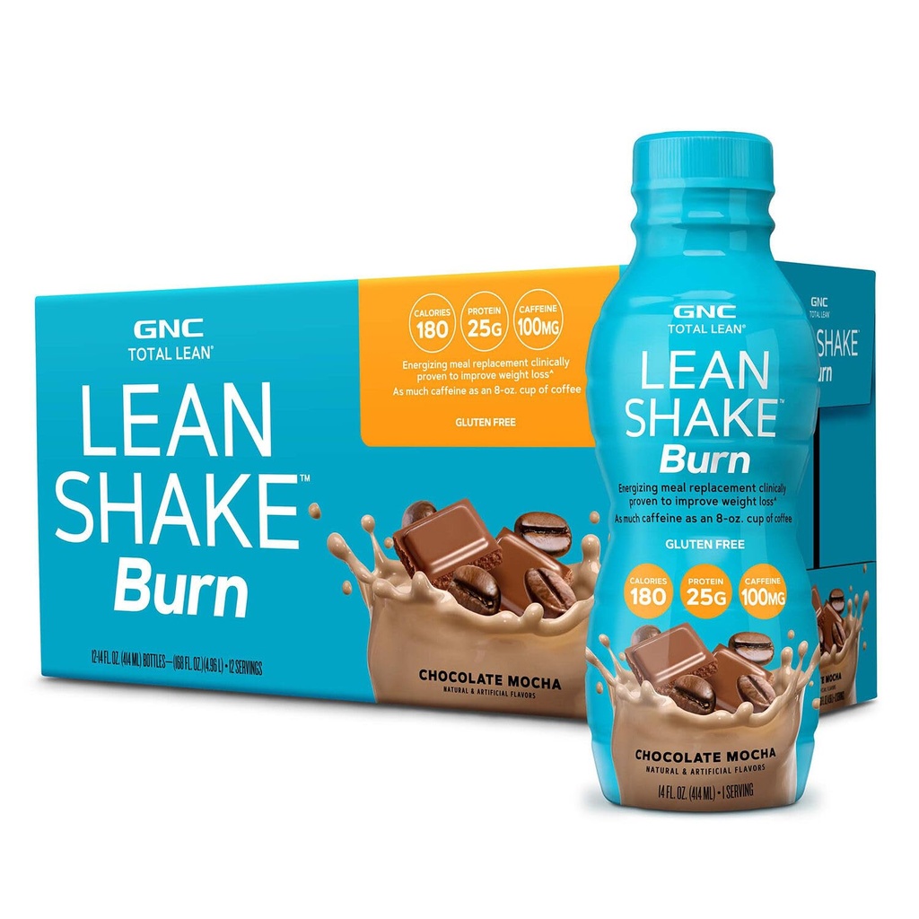GNC Lean Shake Burn mit Koffein, Meal Ersatz, Schokolade Mocha, 25g Protein, Klinisch bewährte Gewichtsmanagement, bereit zu trinken, Zero Added Sugar, 14 oz Flaschen, Packung von 12