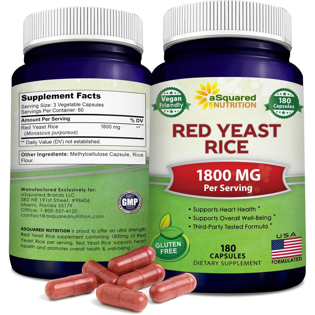 aSquared Nutrition Red Yeast Rice 1800mg - Nahrungsergänzungsmittel Vegan Pulver Pillen zur Unterstützung Herz-Kreislauf-Gesundheit - 180 Veggie Kapseln