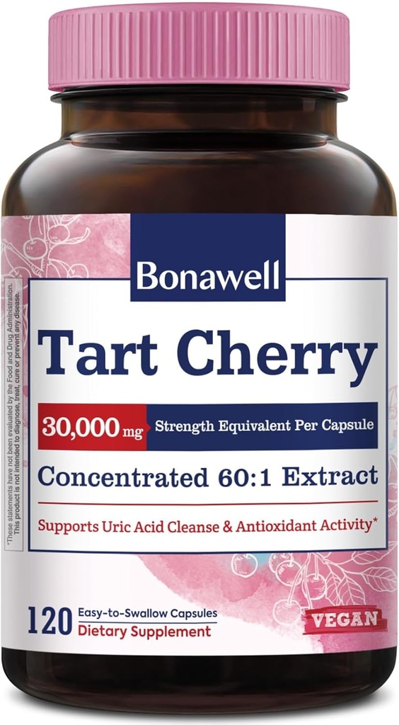 Bonawell Tart Cherry Capsule 60:1 Extract, 30000mg Strength, Made from Montmorency Tart Cherries, Powerful Uric Acid Cleanse, Mobility, 4 Month Supply, 120 Capsules