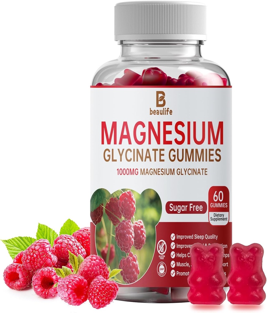 Magnesium-Glycinat-Gummien, Magnesium-Zusatz, Magnesium-Glycinat, Vitamin C, D, B12, CoQ10, für Kalm-Mood & Muskel, Schlaf, für Erwachsene, 60 Gummie