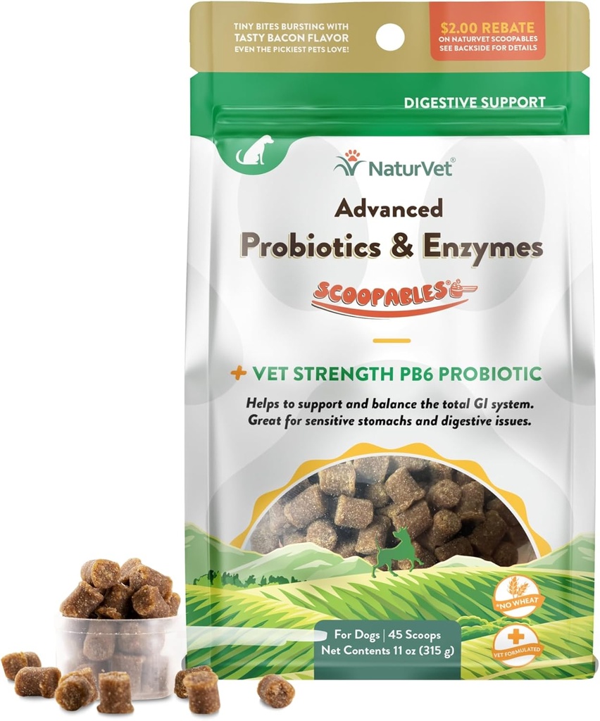 NaturVet Scoopables Advanced Probiotics for Dogs - Chewable Dog Probiotics & Digestive Enzymes - Unterstützt ein gesundes Gut für Ihr Haustier - Hickory Smoked Bacon Flavor | 11oz Tasche