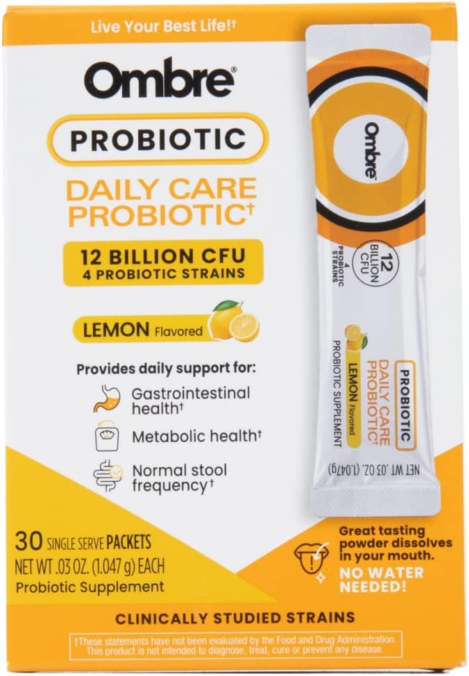 Ombre Daily Care Probiotic Powder - Präbiotika und Probiotika für Frauen, Männer und Kinder - Schnell auflösendes Pulver fördert Verdauungs- und Gesamt-Wellness - 12 Billion CFU - Lemon Flavor, 30 Packungen
