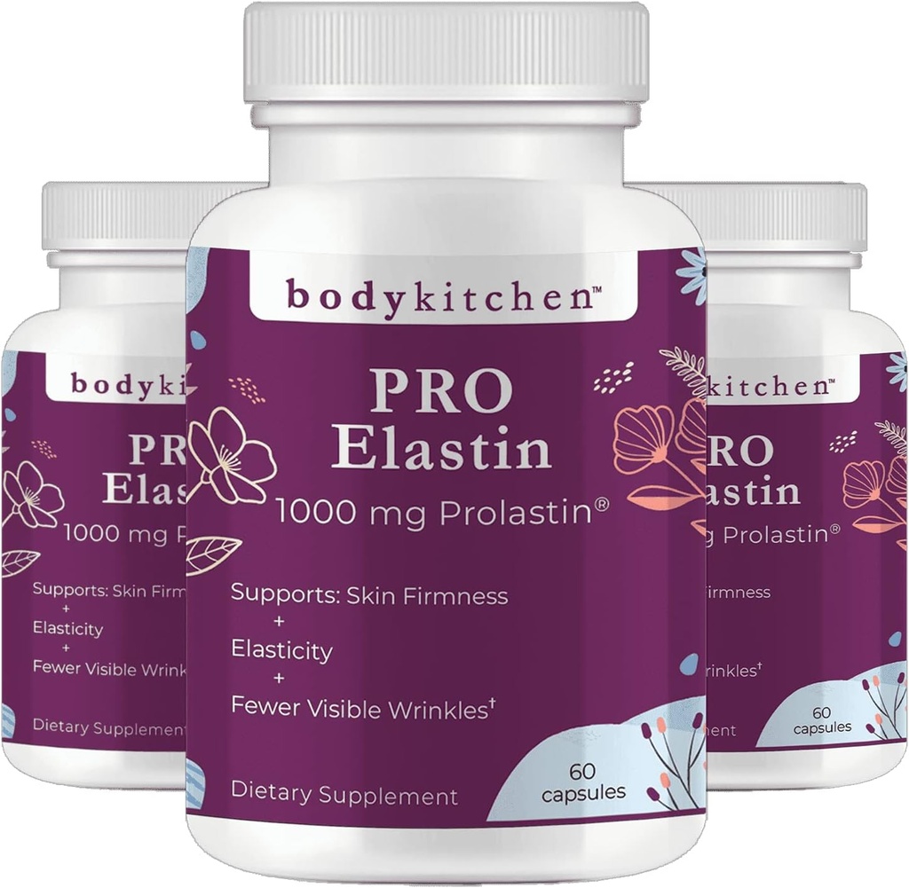 Body Kitchen Pro-Elastin 1000 mg Elastin Supplement, Reduce Signs of Aging, Improved Skin Health, Firmness & Elasticity, Fewer Wrinkles, Veggie Caps (Pack of 3)