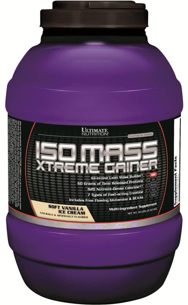 Ultimate Nutrition ISO Mass Xtreme Gainer, Weight Gainer Protein Powder mit Kreatin, 60 Gramm Protein, Whey Isolate Protein Powder für Lean Muscle Gain, 10 LBS mit 30 Portionen, Vanilla Ice Cream